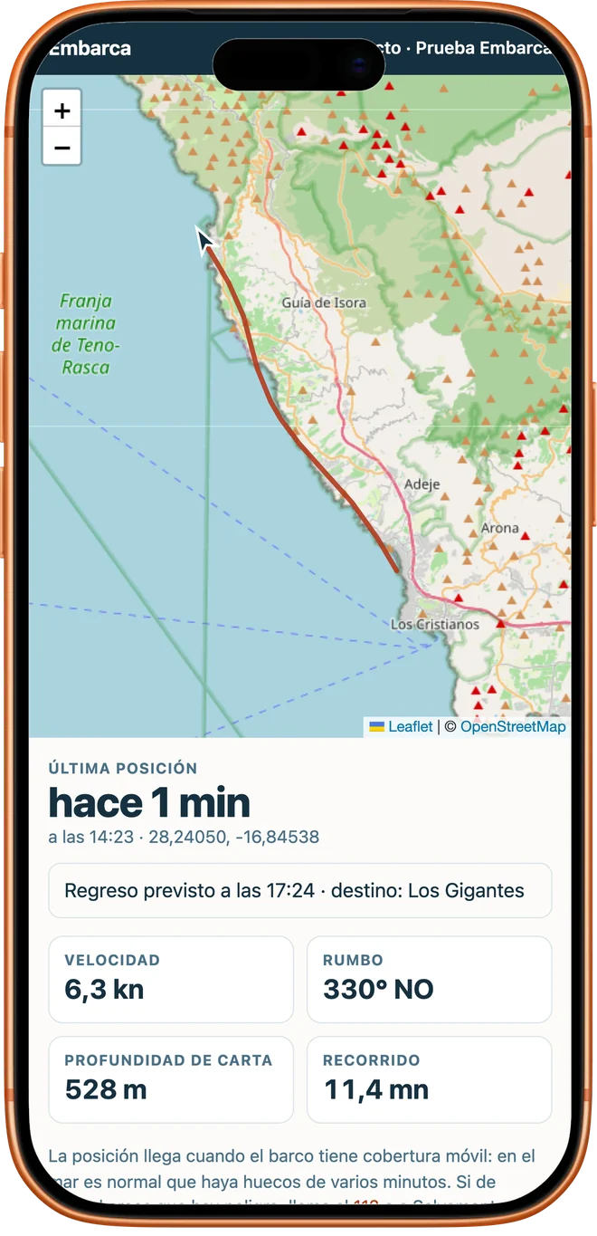 Lo que ve quien recibe el enlace: el mapa del sur de Tenerife con la ruta del barco en directo, la última posición, la hora prevista de regreso, la velocidad, el rumbo y la profundidad de carta