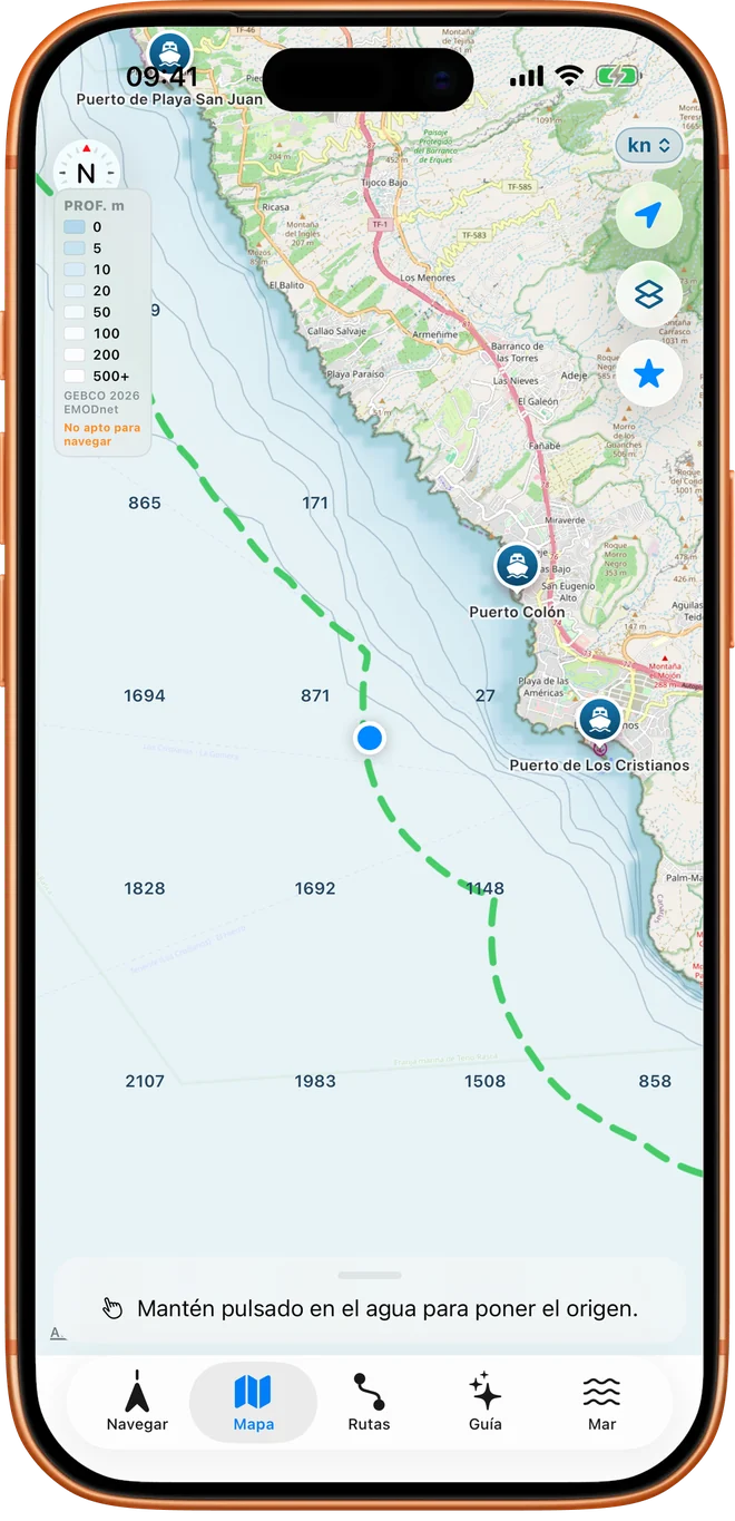 Mapa del sur de Tenerife, frente a Los Cristianos, con las sondas y la línea verde discontinua de las 2 millas
