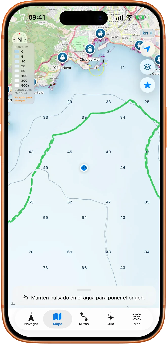 Mapa de Embarca en la bahía de Palma con el sombreado de profundidad, las isobatas, las sondas en metros y la línea de 2 millas