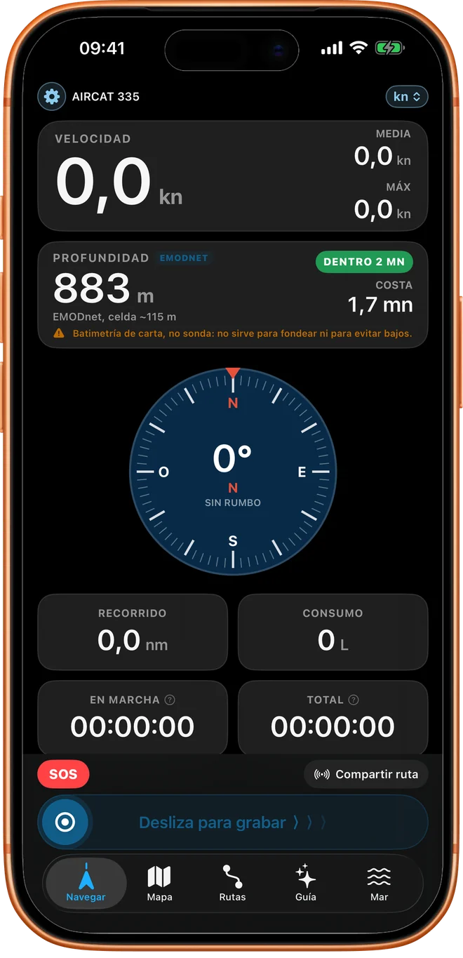 Pantalla Navegar en modo oscuro con el instrumento de profundidad: 883 metros bajo el barco frente a Tenerife