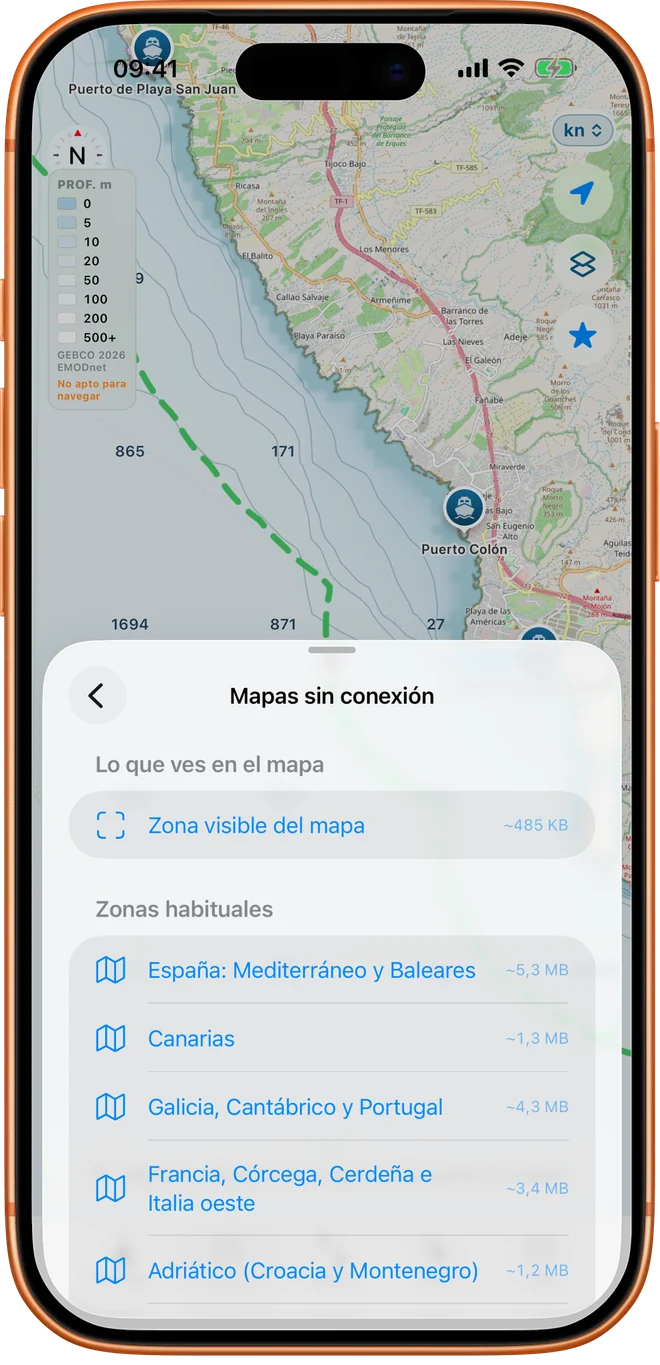 Pantalla de mapas sin conexión de Embarca con las zonas que se pueden descargar