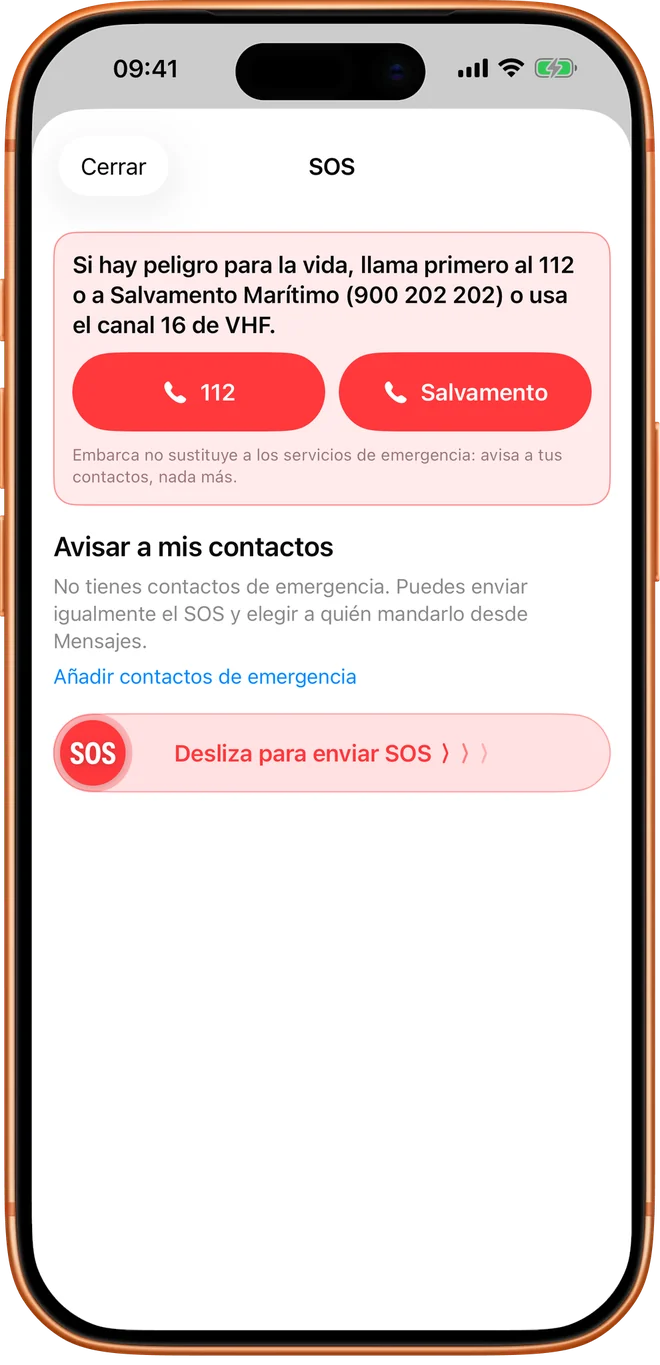 Hoja de SOS de Embarca: primero el aviso de llamar al 112 o a Salvamento Marítimo, con botones de llamada, y después el deslizador para avisar a tus contactos de emergencia